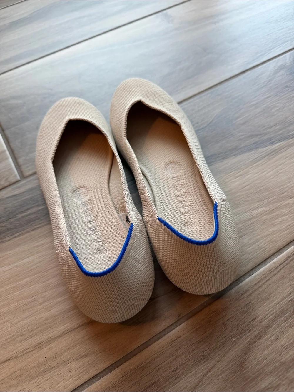 Rothy's Cream Knit Ballet Flats with Blue Heel Trim